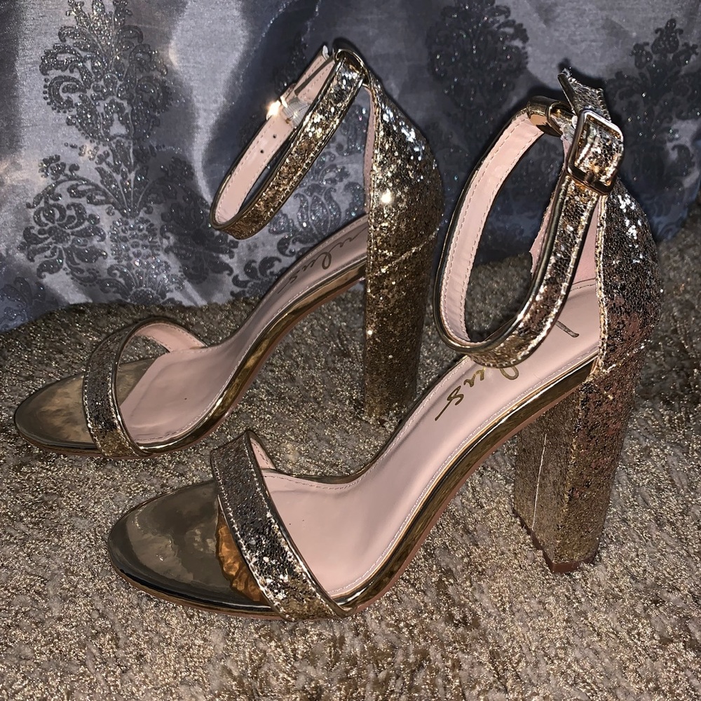 Gold sparkly block heels